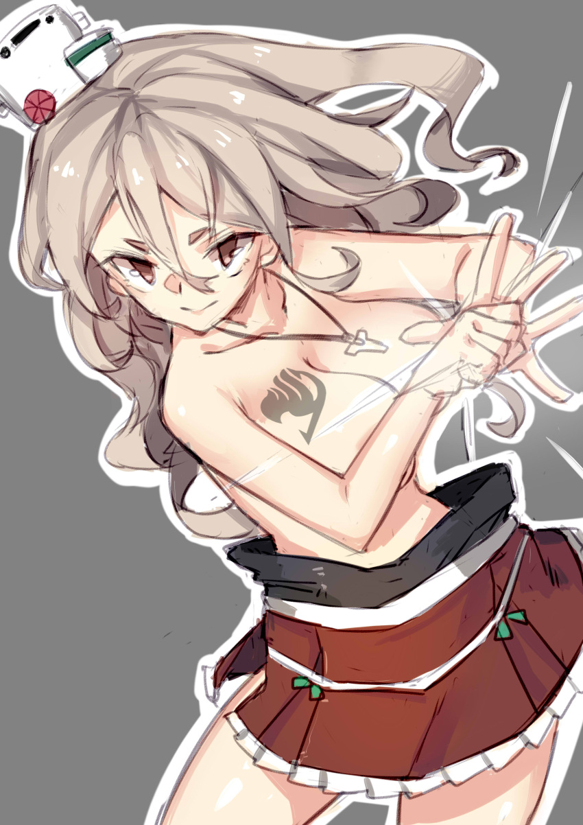 1girl absurdres breasts brown_eyes fairy_tail gray_fullbuster grey_hair hat highres kantai_collection large_breasts long_hair mini_hat miniskirt parody pola_(kantai_collection) red_skirt skirt solo tattoo tattooed_breast topless wulazula
