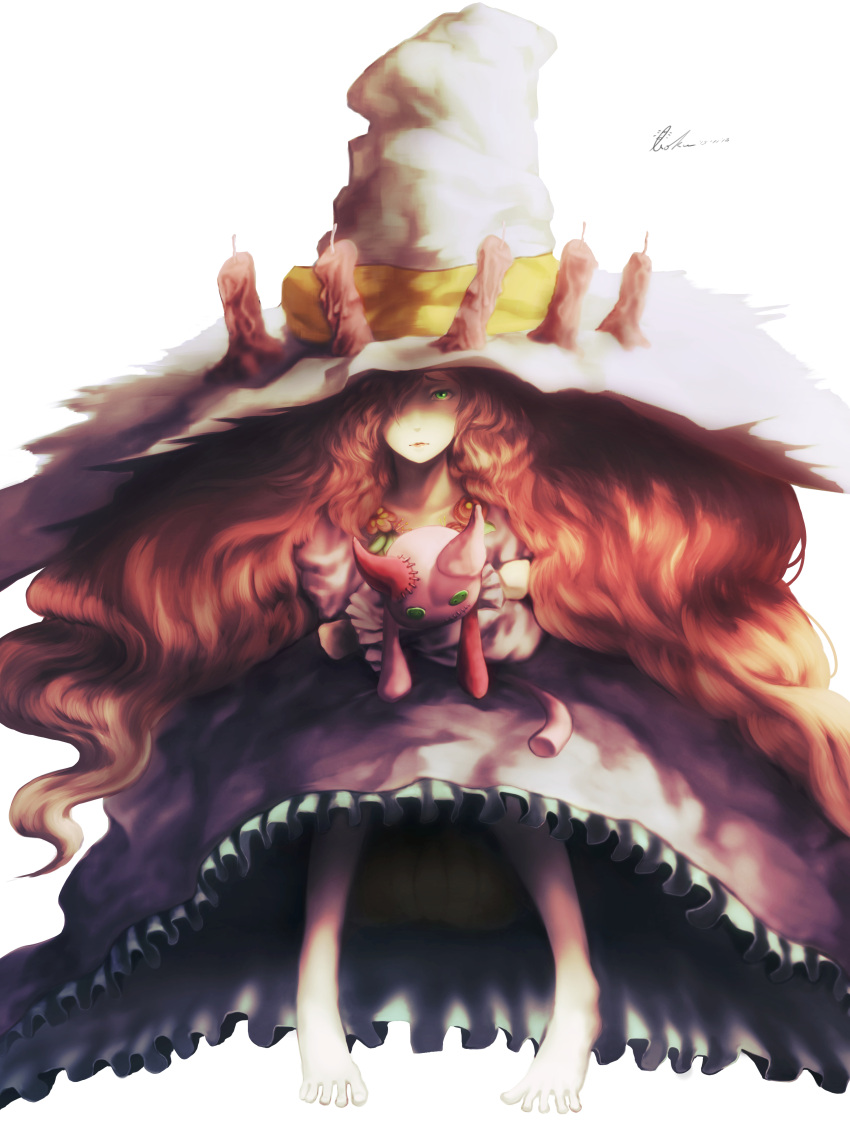 1girl absurdres anna_(granblue_fantasy) barefoot big_hair black_dress bloomers boku_(bo_ku) candle dress frilled_dress frills full_body granblue_fantasy green_eyes hair_over_one_eye hat highres long_hair looking_at_viewer redhead signature simple_background sitting solo stuffed_animal stuffed_cat stuffed_toy underwear very_long_hair wavy_hair witch_hat