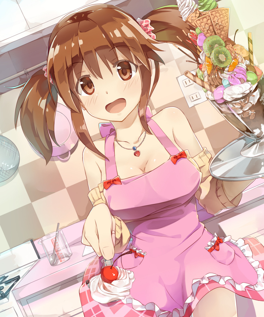 1girl apron bare_shoulders breasts brown_eyes brown_hair cherry cleavage food foreshortening fruit hair_ornament highres idolmaster idolmaster_cinderella_girls jewelry kitchen large_breasts looking_at_viewer open_mouth parfait seneto skirt smile solo totoki_airi twintails