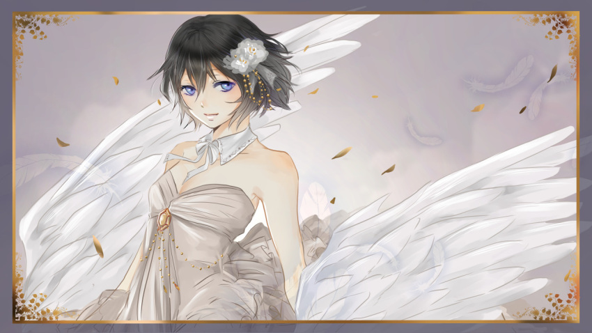 1girl bare_shoulders black_hair blue_eyes detached_collar dress feathers flower frame grey_dress hair_flower hair_ornament hayame_(m_ayame) leaf original smile solo strapless strapless_dress upper_body wings