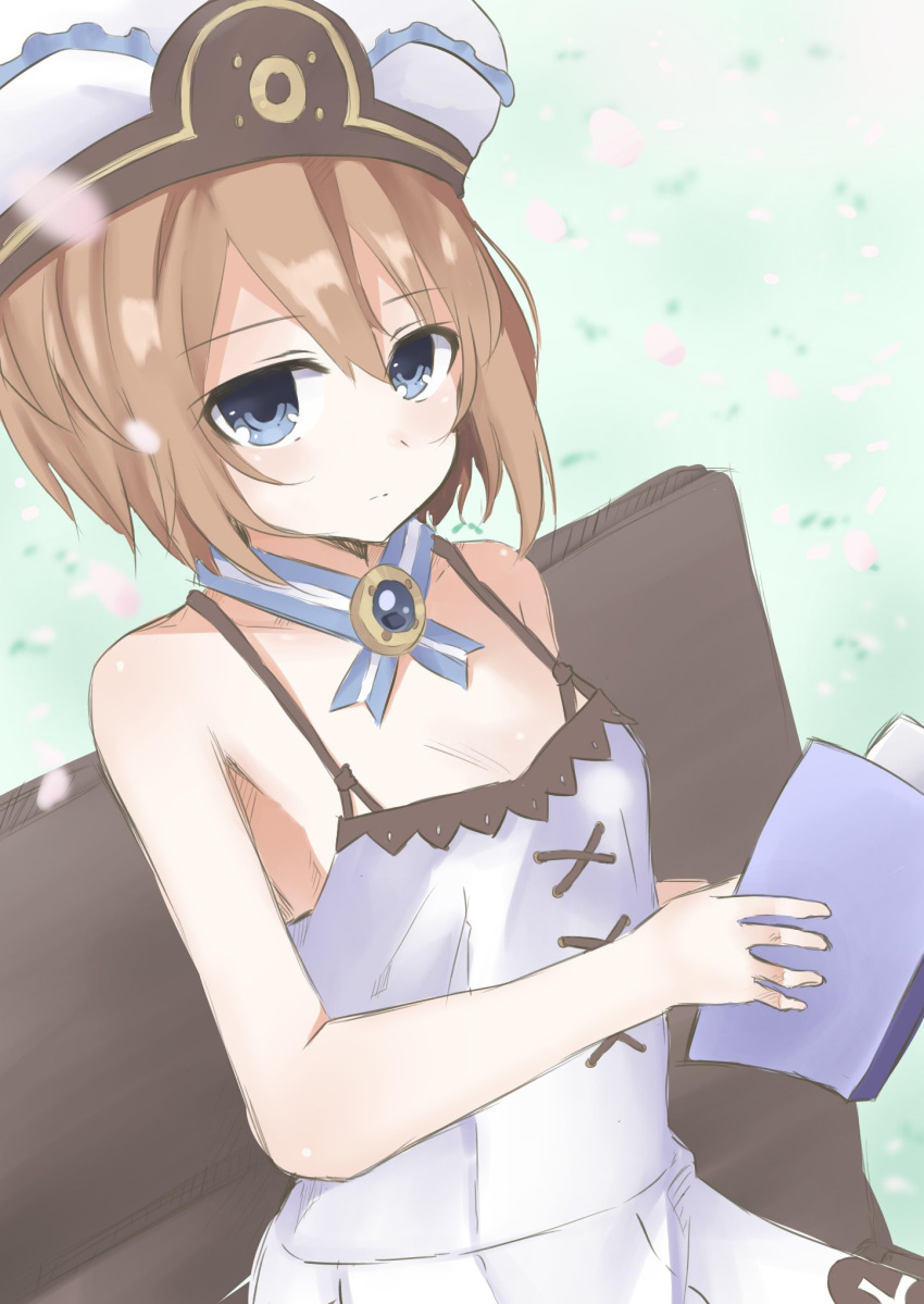 1girl bare_shoulders blanc blancpig_yryr blue_eyes blush book brown_hair cherry_blossoms highres holding looking_at_viewer neptune_(series) petals short_hair solo