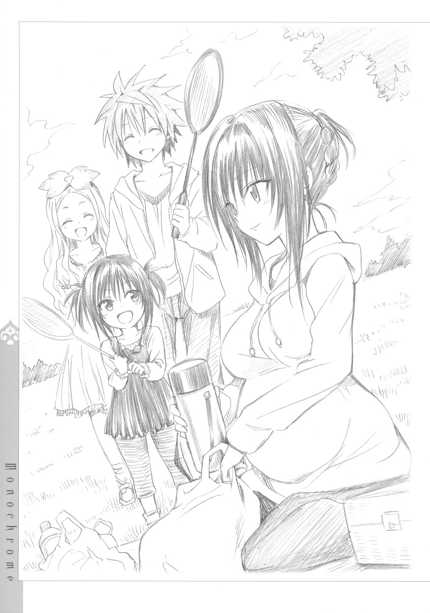 1boy 3girls absurdres badminton_racket celine family father_and_daughter greyscale highres if_they_mated kotegawa_yui monochrome mother_and_daughter multiple_girls older pregnant racket to_love-ru yabuki_kentarou yuuki_rito