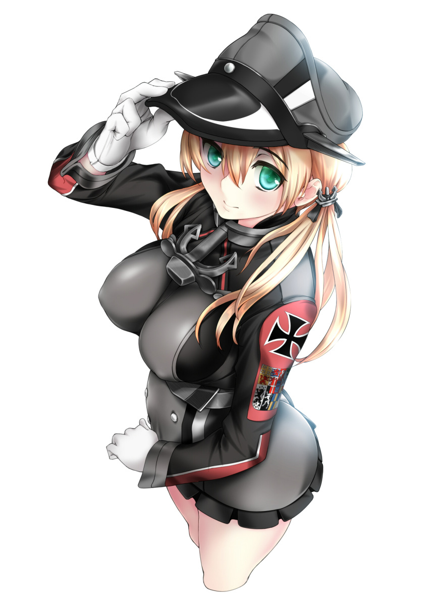 1girl anchor anchor_hair_ornament blonde_hair breasts buttons gloves green_eyes hair_ornament hat highres iron_cross kantai_collection looking_at_viewer peaked_cap prinz_eugen_(kantai_collection) sleeve_cuffs solo thighs twintails usa_shouya white_gloves