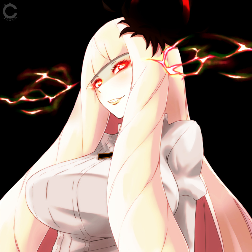 1girl bangs blunt_bangs breasts cilica glowing glowing_eyes grin highres kantai_collection large_breasts long_hair long_sleeves lycoris_hime puffy_long_sleeves puffy_sleeves red_eyes shinkaisei-kan smile solo upper_body white_hair white_skin