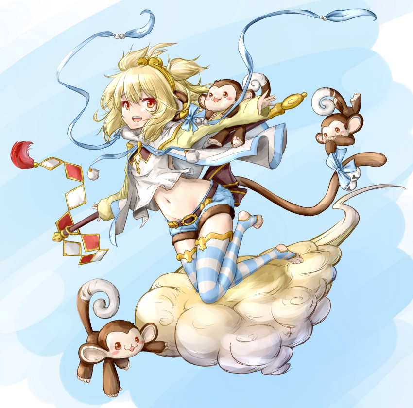 1girl :3 alternate_costume anchira_(granblue_fantasy) barefoot blonde_hair clouds commentary_request contemporary crop_top cropped_jacket denim denim_shorts flying_nimbus granblue_fantasy hair_between_eyes hair_ornament hairband highres looking_at_viewer midriff monkey monkey_ears monkey_tail navel open_mouth red_eyes rojii_(oshiri-mentaiko) short_hair shorts small_breasts staff striped striped_legwear thigh-highs