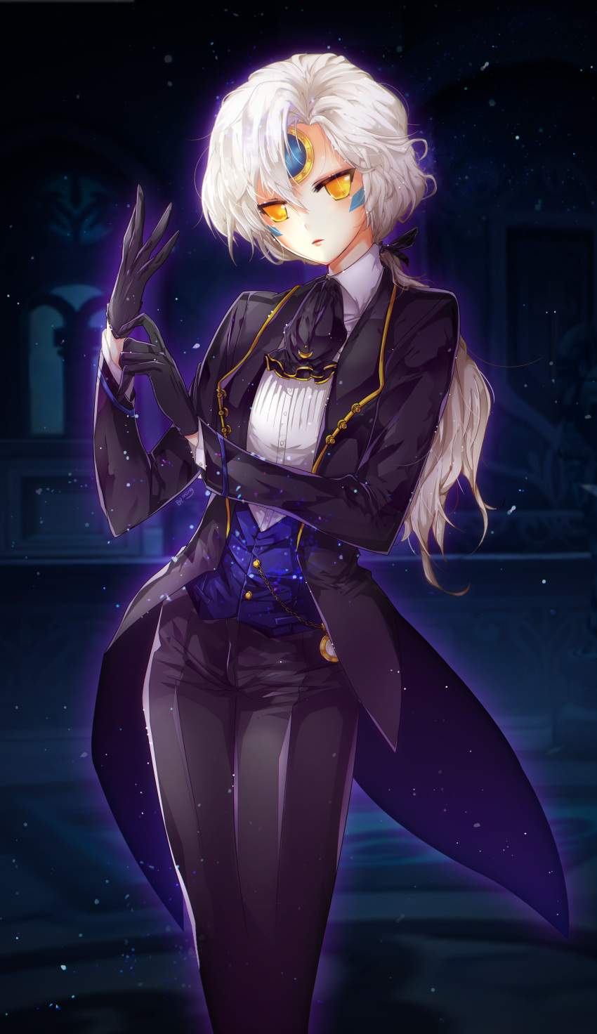 1girl absurdres adjusting_clothes adjusting_gloves alternate_costume arch bangs black_gloves black_jacket black_pants black_ribbon blue_vest blurry_background butler chain closed_mouth collared_shirt cravat dark elsword eve_(elsword) facial_mark forehead_jewel gloves glowing hair_between_eyes hair_ribbon head_tilt highres jacket legs_together light_particles long_hair long_sleeves looking_at_viewer low_ponytail ming_(wldi0132) pants pocket_watch red_lips ribbon shade shirt solo standing swept_bangs tailcoat vest watch white_hair white_shirt yellow_eyes