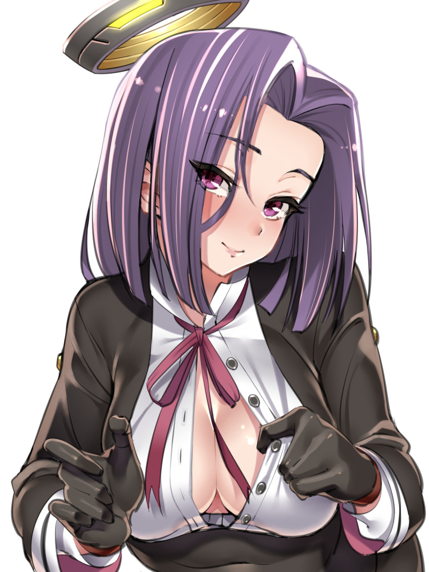 1girl absurdres black_gloves blush breasts cleavage gloves hair_intakes highres kantai_collection large_breasts leaning_forward long_sleeves looking_at_viewer mechanical_halo okita_ababa open_clothes open_shirt purple_hair red_ribbon ribbon shirt simple_background smile solo tatsuta_(kantai_collection) upper_body violet_eyes white_background white_shirt
