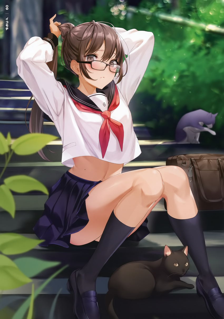 1girl absurdres adjusting_hair arms_up banned_artist black-framed_eyewear black_legwear black_skirt blurry brown_eyes brown_hair closed_mouth crop_top crop_top_overhang depth_of_field frown glasses highres icomochi long_hair long_sleeves looking_at_viewer midriff miniskirt mole mole_on_stomach navel neckerchief original pleated_skirt ponytail sailor_collar scan school_uniform serafuku shirt sidelocks sitting skirt socks solo stomach thighs white_shirt