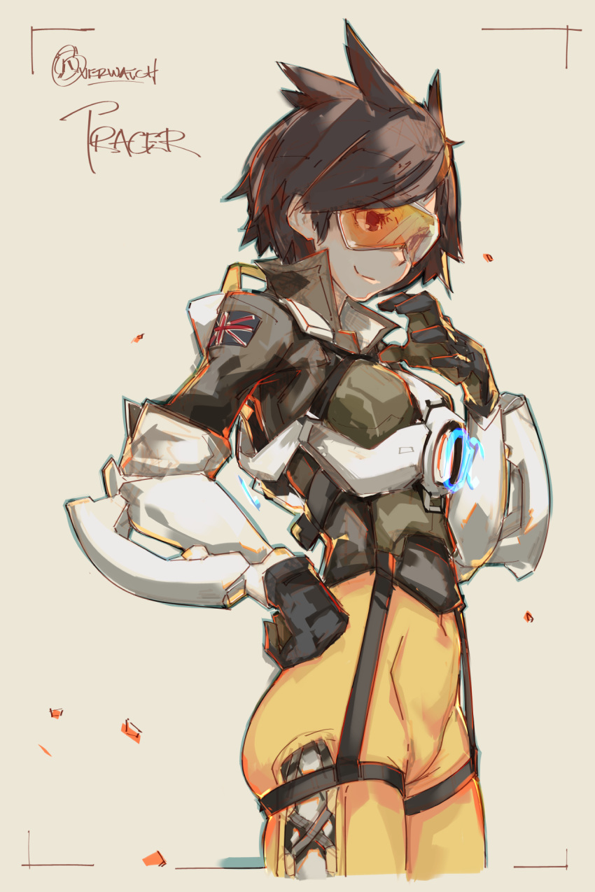 1girl bodysuit breasts brown_hair commentary_request deel_(rkeg) gloves goggles hand_on_hip highres jacket overwatch short_hair sketch smile solo spiky_hair tracer_(overwatch)