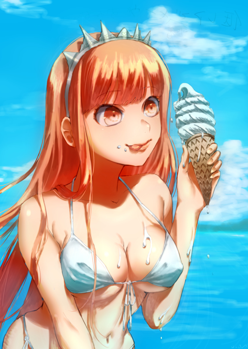 1girl :p absurdres bare_arms bare_shoulders bikini blue_sky blush breasts cleavage collarbone crazy_eyes day fate/grand_order fate_(series) food food_on_body food_on_face henakon highres holding holding_food ice_cream ice_cream_cone long_hair medb_(fate/grand_order) melting midriff navel ocean orange_eyes orange_hair outdoors sky solo stomach summer swimsuit tongue tongue_out water white_bikini