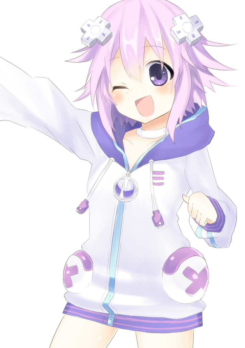 1girl blancpig_yryr blush choker d-pad hair_ornament highres looking_at_viewer neptune_(choujigen_game_neptune) neptune_(series) open_mouth purple_hair short_hair smile solo violet_eyes