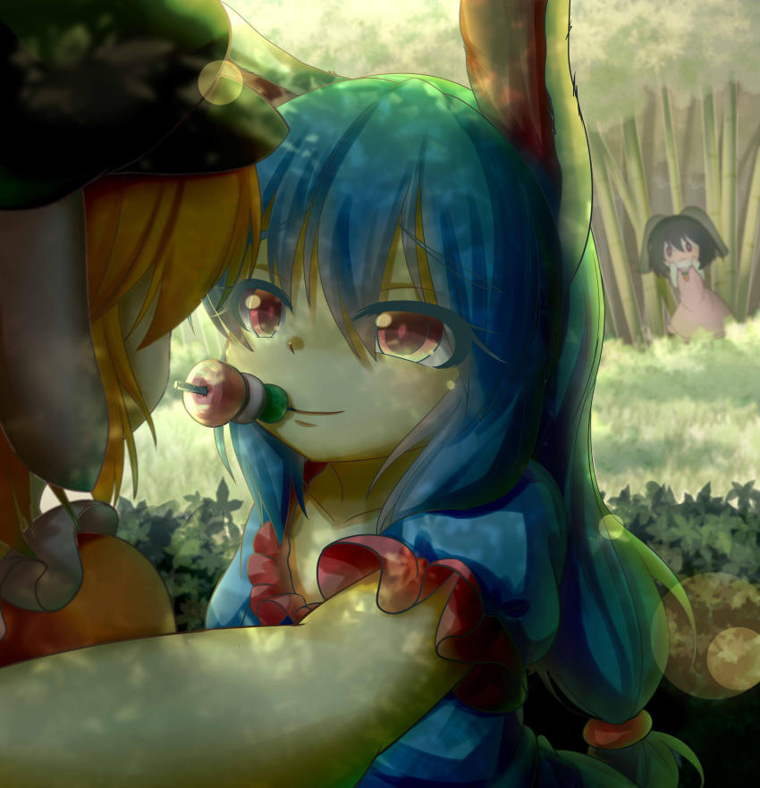 3girls :3 absurdres animal_ears arm_around_shoulder bamboo bamboo_forest black_hair blonde_hair blue_dress blue_hair blurry dango dappled_sunlight depth_of_field dior-zi dress food food_in_mouth foreshortening forest hands_on_own_face hat highres inaba_tewi lens_flare long_hair looking_at_another low-tied_long_hair multiple_girls nature o_o pink_dress puffy_short_sleeves puffy_sleeves rabbit_ears red_eyes ringo_(touhou) sanshoku_dango seiran_(touhou) short_hair short_sleeves skewer smile sunlight touhou wagashi yuri