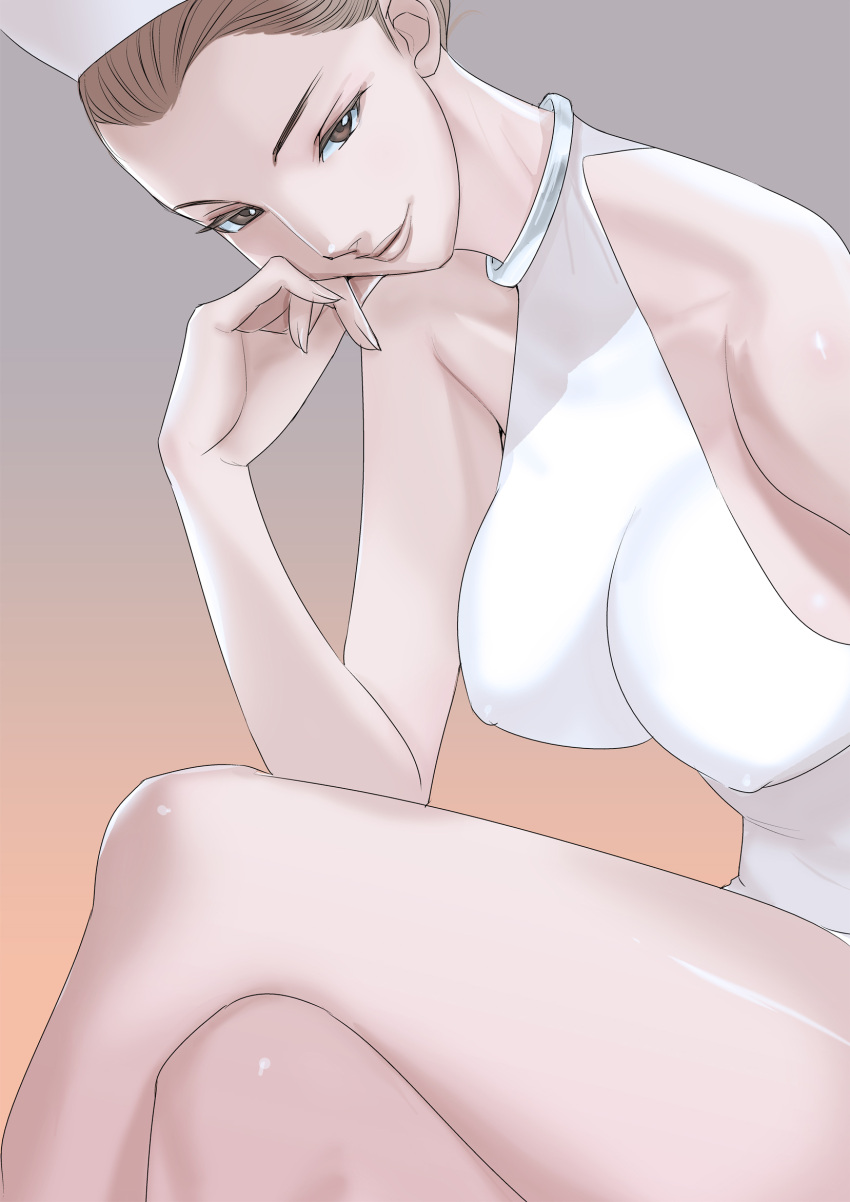 breasts brown_eyes collarbone covered_nipples dtym highres lips nipples one-piece_swimsuit smile swimsuit white_swimsuit