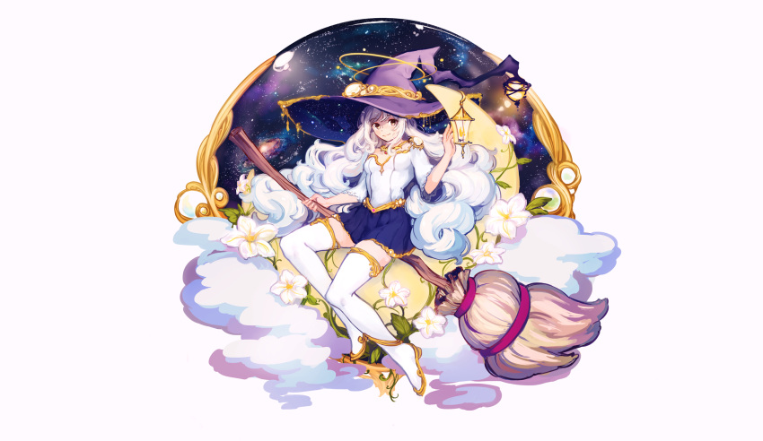 blue_skirt blush boots broom brown_eyes crescent_moon flower hat highres holding_broom k_(sktchblg) lantern long_hair moon original plant pleated_skirt shirt simple_background sitting skirt smile thigh-highs thigh_boots very_long_hair vines white_background white_hair white_legwear white_shirt witch witch_hat