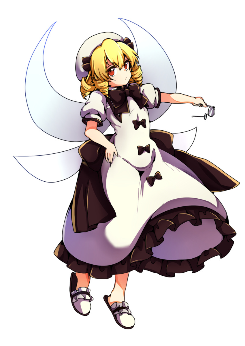1girl baba_(baba_seimaijo) black_bow black_bowtie blonde_hair bow bowtie drill_hair fairy_wings flying glasses hair_bow hat highres luna_child red_eyes solo touhou transparent_background wings