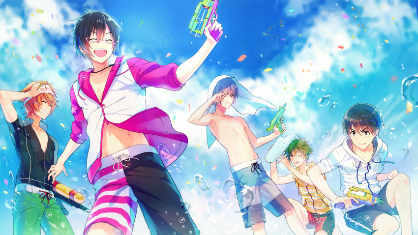 5boys akiyama_hayato asymmetrical_clothes black_hair closed_eyes clouds cloudy_sky confetti fuyumi_jun green_hair high_x_joker hood idolmaster idolmaster_side-m iseya_shiki male_focus male_swimwear map_(map_imas) multiple_boys navel one_eye_closed open_mouth orange_hair pink-framed_glasses sakaki_natsuki shirtless silver_hair sky sleeveless smile squatting sweatband swim_trunks swimwear towel towel_on_head wakazato_haruna water water_gun