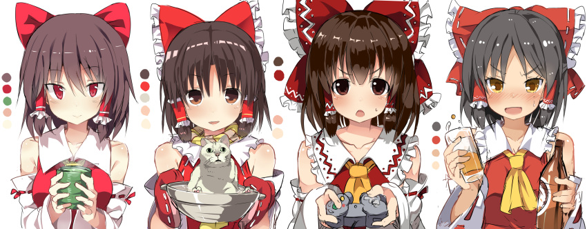 &gt;:d &gt;:o 4girls :d :o alcohol animal ascot beer beer_bottle benikurage benjamin_button_suukina_jinsei black_hair blush bow brown_eyes brown_hair cable cat chestnut_mouth closed_mouth collar collarbone color_palette controller cookie_(touhou) detached_sleeves drink drunk eyebrows eyebrows_visible_through_hair frilled_collar frills game_controller gamecube_controller gloves hair_bow hair_tubes hakurei_reimu highres holding holding_bottle holding_cup kanna_(cookie) liquid long_sleeves looking_at_viewer multiple_girls multiple_persona open_mouth paws pointy_ears red_bow red_eyes red_gloves red_ribbon red_vest ribbon ribbon-trimmed_sleeves ribbon_trim short_hair sidelocks simple_background sleeveless smile steam sweat tareme touhou tsurime upper_body vest whiskers white_background white_fur yellow_eyes