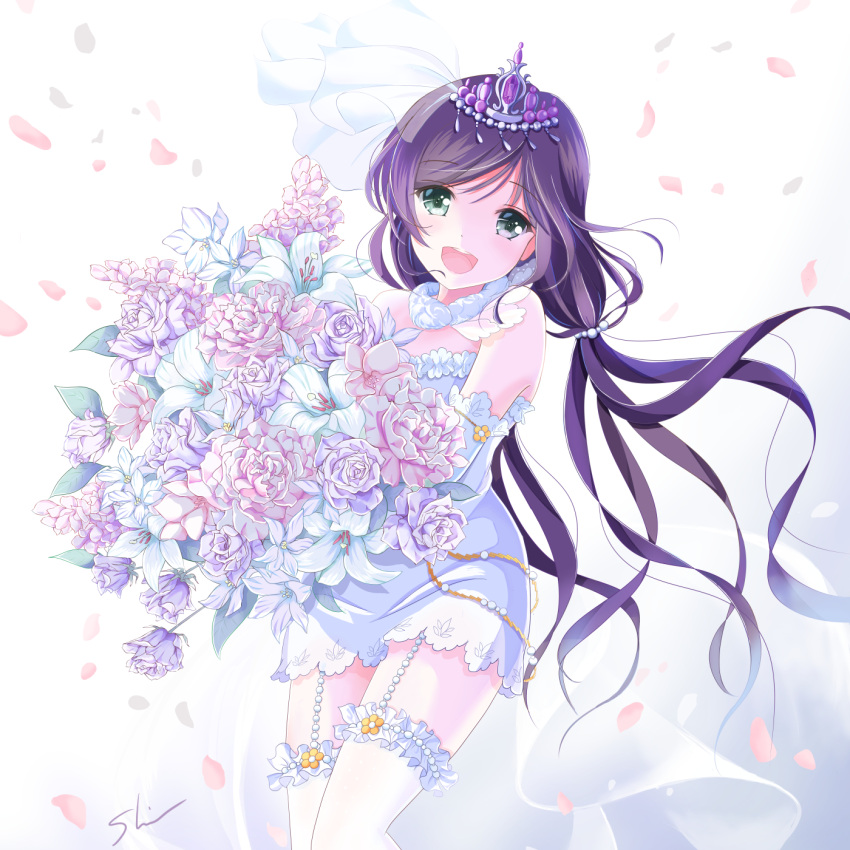 1girl :d bangs beads bouquet bridal_veil dress elbow_gloves flower frilled_legwear garter_straps gloves head_tilt highres holding_bouquet lace-trimmed_dress lace-trimmed_gloves lily_(flower) long_hair looking_at_viewer love_live!_school_idol_project low_twintails open_mouth petals pink_rose purple_hair rose see-through shino_(shinderera) short_dress sleeveless sleeveless_dress smile solo swept_bangs thigh-highs tiara toujou_nozomi twintails veil very_long_hair wedding_dress white_dress white_gloves white_legwear white_rose