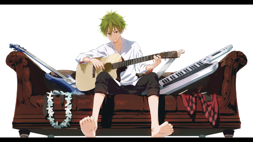 1boy akiyama_hayato bare_arms bracelet brown_eyes couch electric_guitar from_below green_hair guitar idolmaster idolmaster_side-m instrument jewelry keytar lei letterboxed light_smile looking_at_viewer male_focus map_(map_imas) microphone plaid playing_instrument simple_background smile solo white white_background