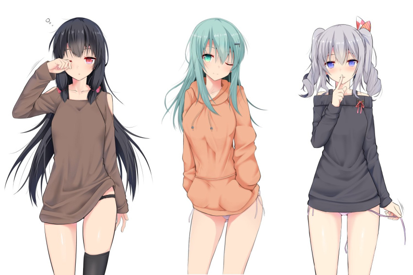 3girls bangs black_hair blue_eyes blunt_bangs blush bow collarbone commentary_request contemporary contrapposto cowboy_shot drill_hair eyebrows eyebrows_visible_through_hair finger_to_mouth green_eyes green_hair hair_between_eyes hair_bobbles hair_ornament hairclip hands_in_pockets hood hoodie isokaze_(kantai_collection) kantai_collection kashima_(kantai_collection) long_hair long_sleeves looking_at_viewer multiple_girls no_pants one_eye_closed panties red_eyes rubbing_eyes side-tie_panties sidelocks silver_hair single_thighhigh sleepy suzuya_(kantai_collection) takeyuu thigh-highs twintails underwear very_long_hair white_background