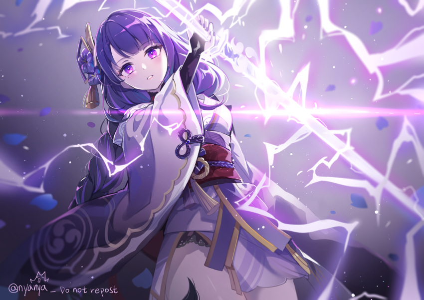 1girl bangs blunt_bangs braid commentary_request eyebrows_visible_through_hair genshin_impact hair_ornament holding holding_sword holding_weapon japanese_clothes lightning long_hair looking_at_viewer low_ponytail mole mole_under_eye nyanya obi parted_lips purple_hair raiden_shogun sash sidelocks single_braid solo sword violet_eyes vision_(genshin_impact) weapon wide_sleeves