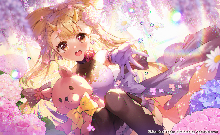 1girl :d apple_caramel bangs black_bow black_legwear blurry blurry_foreground blush bow breasts brown_eyes brown_hair character_request commentary depth_of_field dress earrings elbow_gloves eyebrows_visible_through_hair feet_out_of_frame flower flower_earrings gloves hair_bow highres horns jewelry knees_up long_hair looking_at_viewer medium_breasts official_art outstretched_arm pointy_ears purple_dress purple_gloves red_flower red_rose rose sleeveless sleeveless_dress smile solo stuffed_animal stuffed_toy teddy_bear teeth thigh-highs unleashed upper_teeth very_long_hair watermark white_flower wisteria