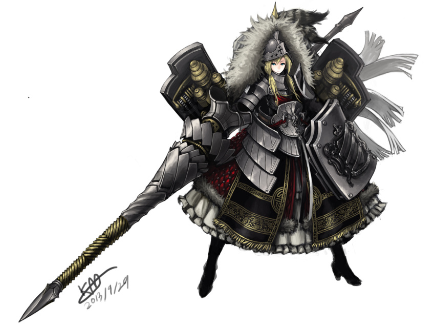 1girl armor belt blonde_hair blue_eyes boots breastplate crest dress drill fur_trim gauntlets helmet kimbbq lance looking_at_viewer original pauldrons polearm shield short_twintails tabard twintails visor_(armor) weapon