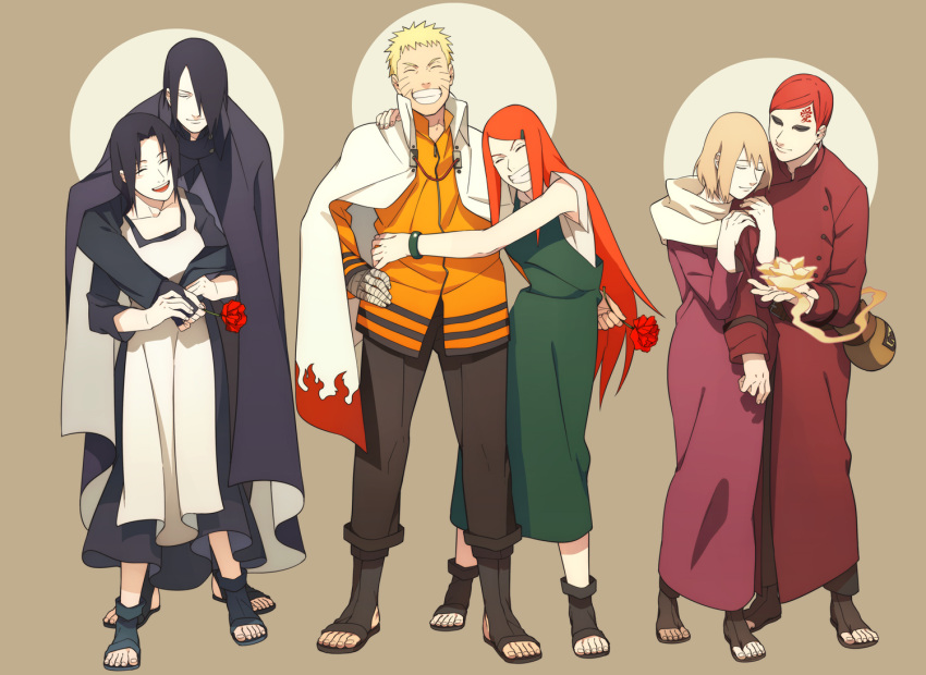 3boys 3girls black_hair blonde_hair cape carnation cloak closed_eyes flower gaara grin karura_(naruto) mother's_day mother_and_son multiple_boys multiple_girls naruto naruto_shippuuden oba-min red_carnation redhead smile tattoo time_paradox uchiha_mikoto uchiha_sasuke uzumaki_kushina uzumaki_naruto whiskers