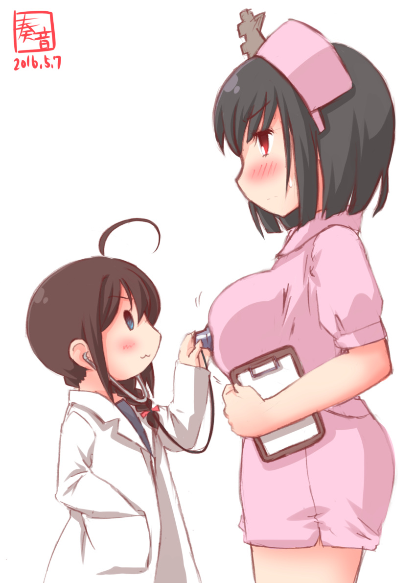 2girls :3 ahoge alternate_costume black_hair blush braid breasts brown_hair child clipboard commentary_request dated doctor ear hair_ornament hair_over_shoulder hair_ribbon hand_in_pocket hat headgear highres kanon_(kurogane_knights) kantai_collection labcoat large_breasts long_sleeves multiple_girls nurse nurse_cap red_eyes red_ribbon ribbon shigure_(kantai_collection) short_hair short_sleeves simple_background single_braid stethoscope white_background yamashiro_(kantai_collection) you're_doing_it_wrong younger