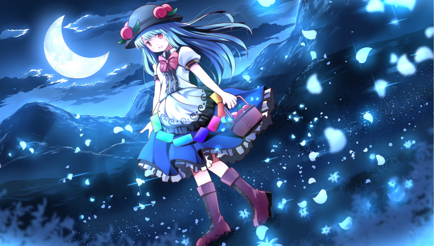 1girl basket blue_hair boots clouds crescent cross-laced_footwear food fruit glowing hat highres hinanawi_tenshi moonlight mountain night open_mouth peach petals puffy_short_sleeves puffy_sleeves red_eyes risutaru shirt short_sleeves skirt sky smile solo touhou walking
