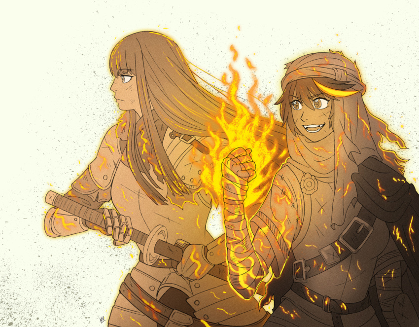 2girls :d armor bandages belt_buckle buckle crazy_eyes crossover dark_souls dark_souls_iii eyebrows fire flame gauntlets green_background headgear herokick holding holding_sword holding_weapon kill_la_kill kiryuuin_satsuki long_hair matoi_ryuuko multicolored_hair multiple_girls open_mouth profile sepia sheath sheathed shoulder_belt sidelocks simple_background smile souls_(from_software) standing streaked_hair sword thick_eyebrows torn_clothes unsheathing weapon
