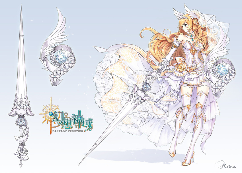 1girl aura_kingdom bare_shoulders blonde_hair boots copyright_name detached_collar fantasy_frontier high_heel_boots high_heels kimu_(nearfish) long_hair profile shield solo thigh-highs veil walking weapon