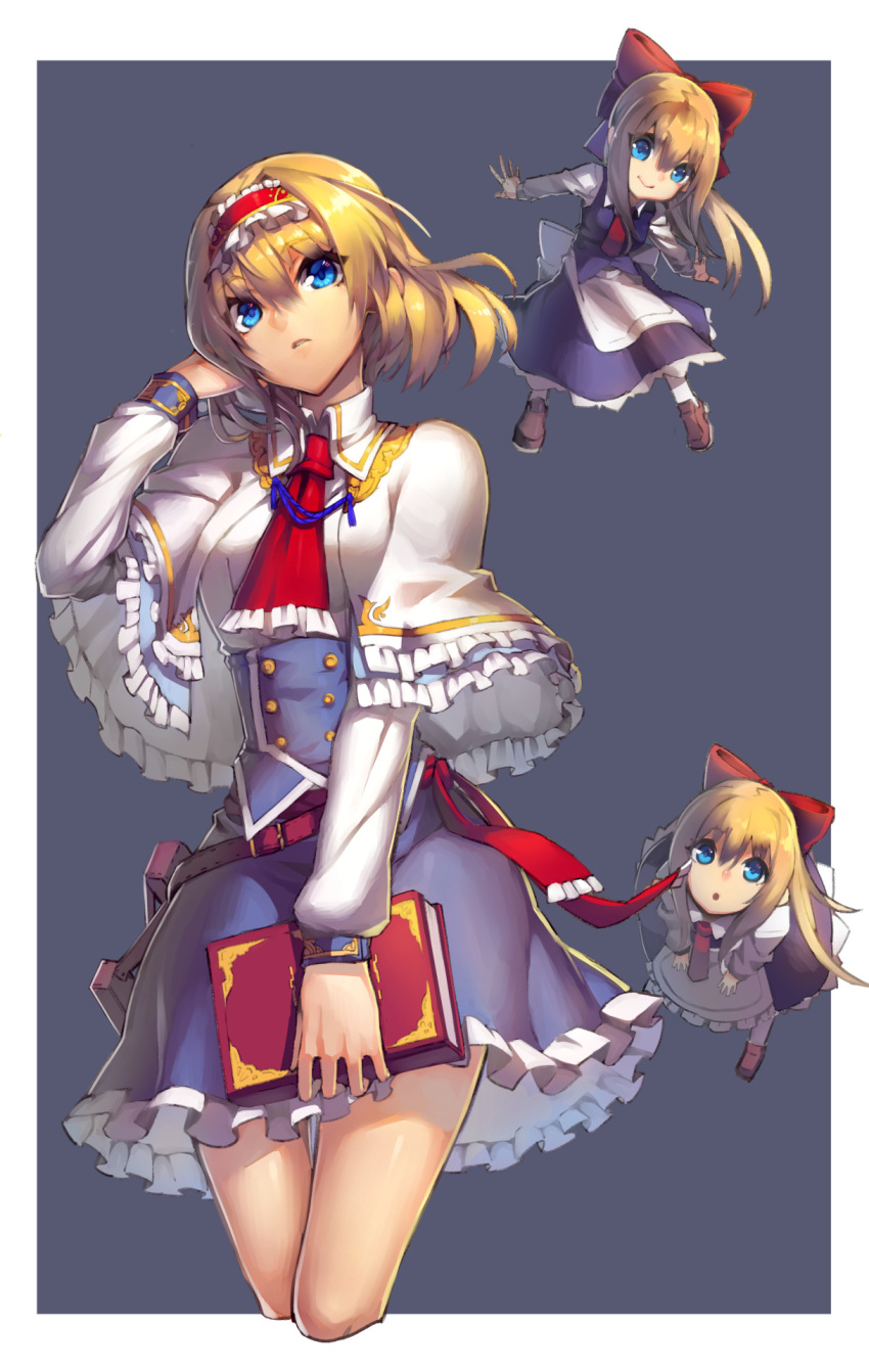 1girl :o adapted_costume alice_margatroid apron ascot bangs blonde_hair blue_eyes book bow capelet collared_shirt corset cowboy_shot cropped_legs double-breasted frilled_capelet frills grey_background grimoire_of_alice hair_between_eyes hair_bow hairband hand_in_hair hand_up head_tilt highres holding holding_book lolita_hairband long_hair long_sleeves looking_at_viewer miniskirt open_mouth outside_border outstretched_arms parted_lips red_bow sash shanghai_doll shirt shoes short_hair simple_background skirt skirt_set smile spread_arms sukocchi thighs touhou very_long_hair vest waist_apron