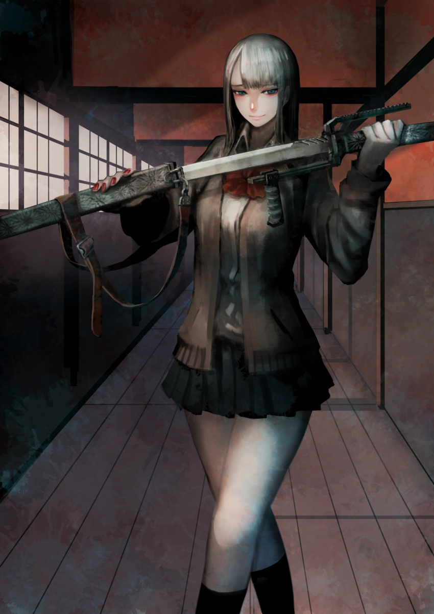 1girl hallway highres holding holding_weapon jittsu katana md5_mismatch original school_uniform sword weapon