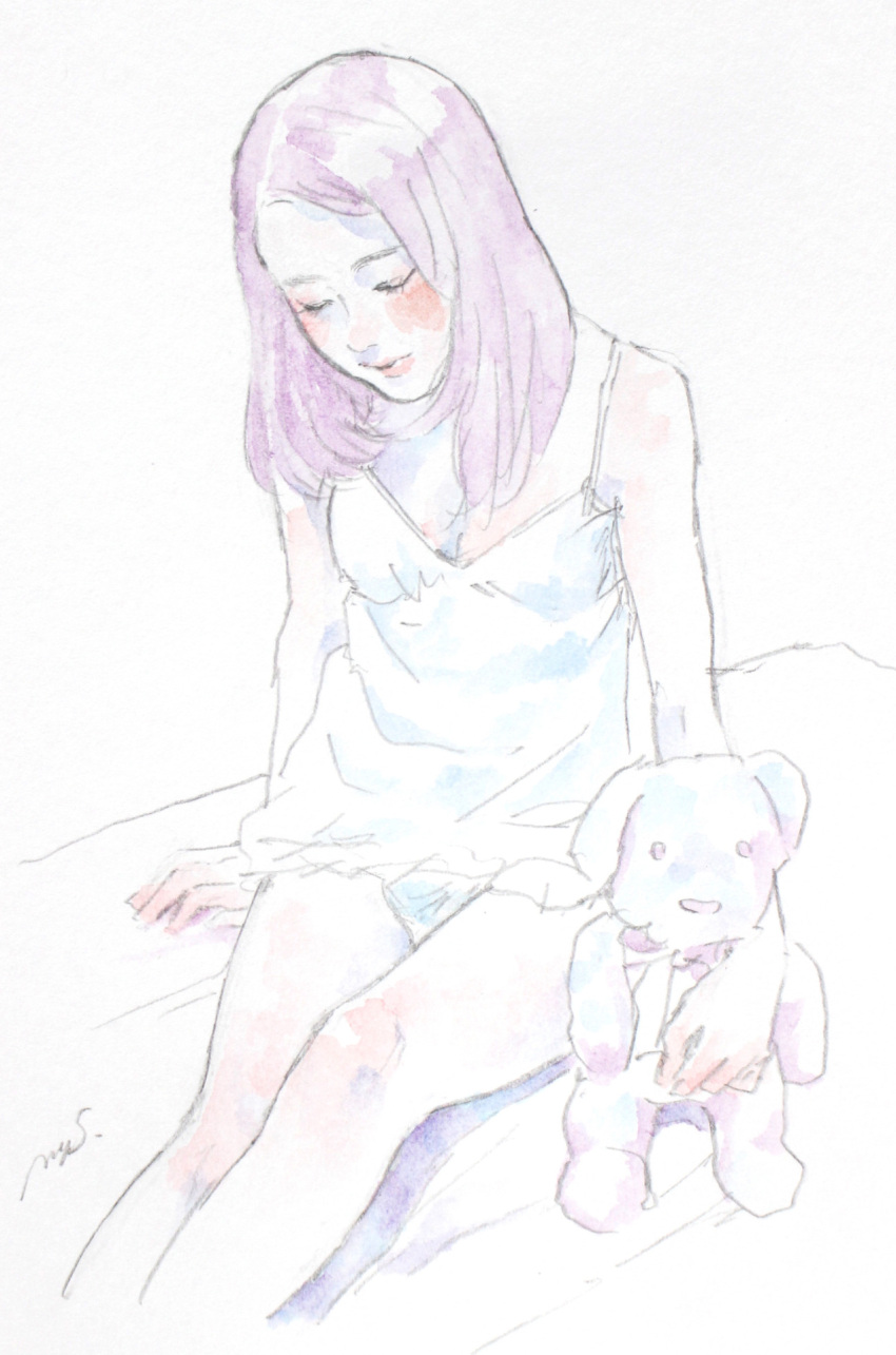 1girl closed_eyes head_tilt highres mognemu mouth nightgown nose panties purple_hair sad simple_background sitting solo stuffed_animal stuffed_toy teddy_bear traditional_media underwear watercolor_(medium) white_background