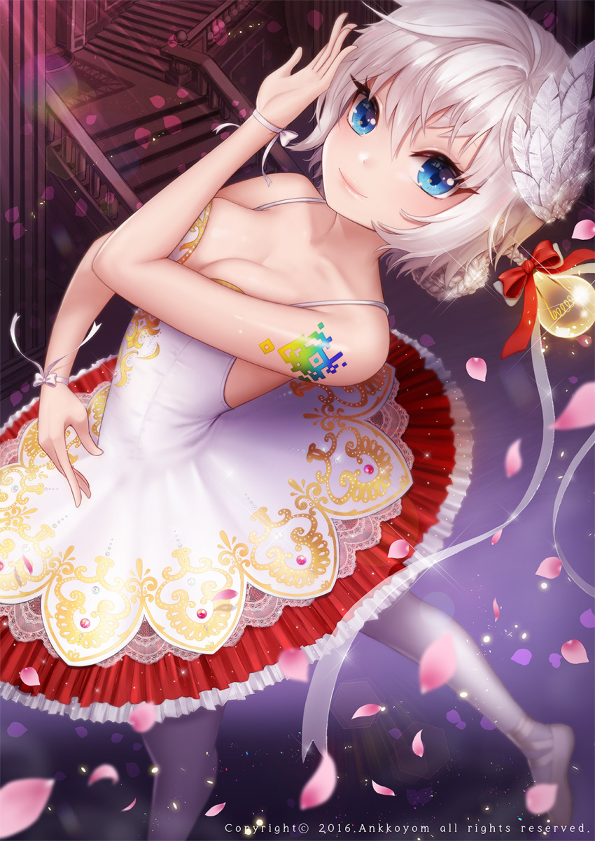 1girl 2016 ango ballerina blue_eyes braid breasts cleavage collarbone dress grey_hair head_feathers highres indoors light_bulb looking_at_viewer no_bra pantyhose petals qurare_magic_library ribbon smile solo stairs tattoo watermark white_dress white_feathers white_hair white_legwear wristband