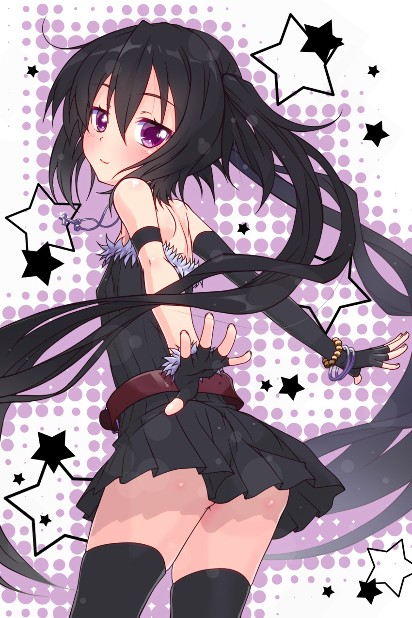 1girl armlet ass bare_shoulders belt black_dress black_gloves black_hair black_legwear blush borrowed_character bracelet commentary_request dress fingerless_gloves from_behind gloves highres jewelry k10k long_hair looking_at_viewer looking_back necklace no_panties note-chan original smile solo thigh-highs twintails very_long_hair violet_eyes