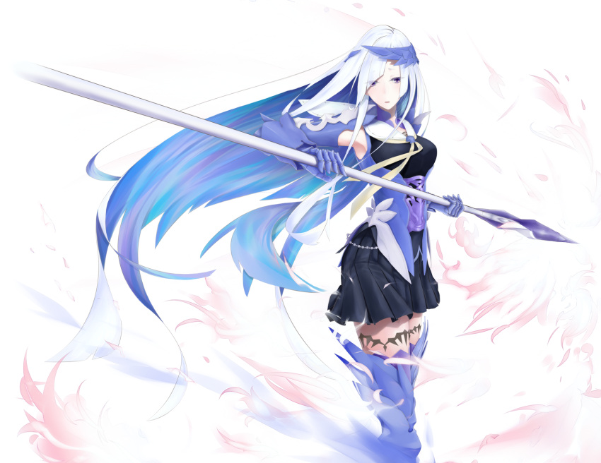 1girl armor boots breasts commentary dress fate/grand_order fate/prototype fate/prototype:_fragments_of_blue_and_silver fate_(series) gauntlets hair_over_one_eye highres lancer_(fate/prototype_fragments) long_hair multicolored_hair polearm silver_hair skirt solo spear suguru_(a129214673) thigh-highs very_long_hair violet_eyes weapon white_background