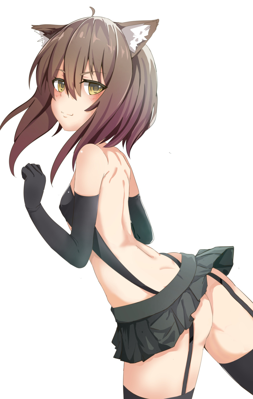 1girl absurdres ahoge animal_ears arched_back back bare_back black_gloves black_legwear black_skirt blush breasts brown_eyes brown_hair cat_ears elbow_gloves eyebrows eyebrows_visible_through_hair gloves hair_between_eyes highres kantai_collection kemonomimi_mode looking_at_viewer looking_back miniskirt pleated_skirt shinta_(the-mattyaman) skirt small_breasts smile solo taihou_(kantai_collection) thigh-highs