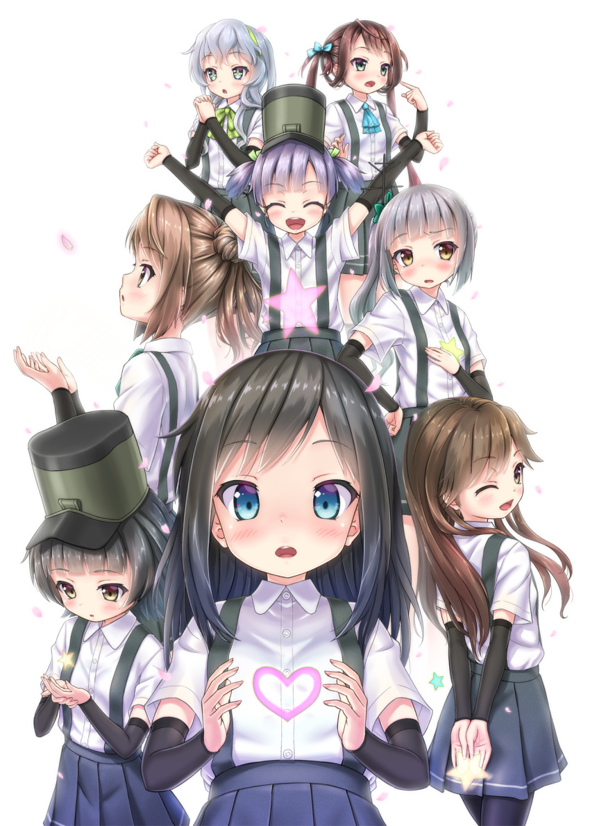 6+girls arare_(kantai_collection) arashio_(kantai_collection) arm_warmers asagumo_(kantai_collection) asashio_(kantai_collection) bike_shorts black_hair blue_eyes blue_hair bow bowtie braid brown_eyes brown_hair cherry_blossoms double_bun gotou_hisashi grey_eyes hair_ornament hair_ribbon hairband hat heart highres kantai_collection kasumi_(kantai_collection) long_hair michishio_(kantai_collection) multiple_girls one_eye_closed ooshio_(kantai_collection) open_mouth petals pleated_skirt ponytail ribbon school_uniform shirt short_hair short_sleeves short_twintails sidelocks silver_hair single_braid skirt smile star star-shaped_pupils suspenders symbol-shaped_pupils twintails wavy_hair white_shirt yamagumo_(kantai_collection)