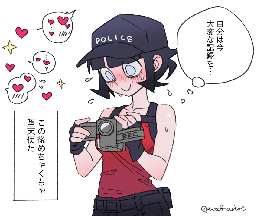 angel azazel_(helltaker) bangs bare_shoulders black_hair black_shorts blue_eyes blush breasts commentary_request gloves halo hat heart helltaker highres holding looking_down noaharbre official_alternate_costume police_hat red_shirt shirt short_hair shorts smile solo thought_bubble translation_request video_camera