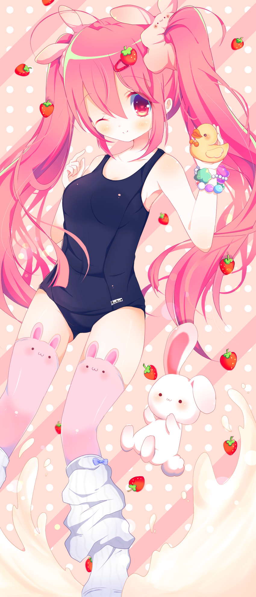 1girl ;) absurdres bracelet heart heart-shaped_pupils highres jewelry long_hair loose_socks lovefumiki no_shoes one_eye_closed original pink_hair rabbit red_eyes rubber_duck school_swimsuit smile socks swimsuit symbol-shaped_pupils thigh-highs twintails
