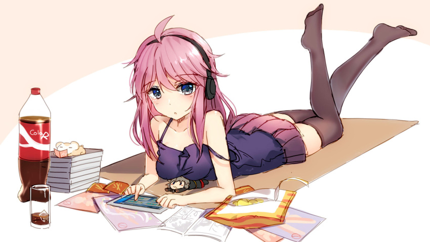 1girl :3 ahoge bismarck_(zhan_jian_shao_nyu) bison_cangshu black_legwear blue_eyes blush blush_stickers book book_stack bottle brand_name_imitation breasts camisole character_doll copyright_request glass headphones highres ice ice_cube lying mat no_shoes on_stomach open_book outstretched_arms pink_hair pleated_skirt potato_chips purple_shirt shirt sketch skirt solid_oval_eyes strap_slip tablet thigh-highs tirpitz_(zhan_jian_shao_nyu) zhan_jian_shao_nyu