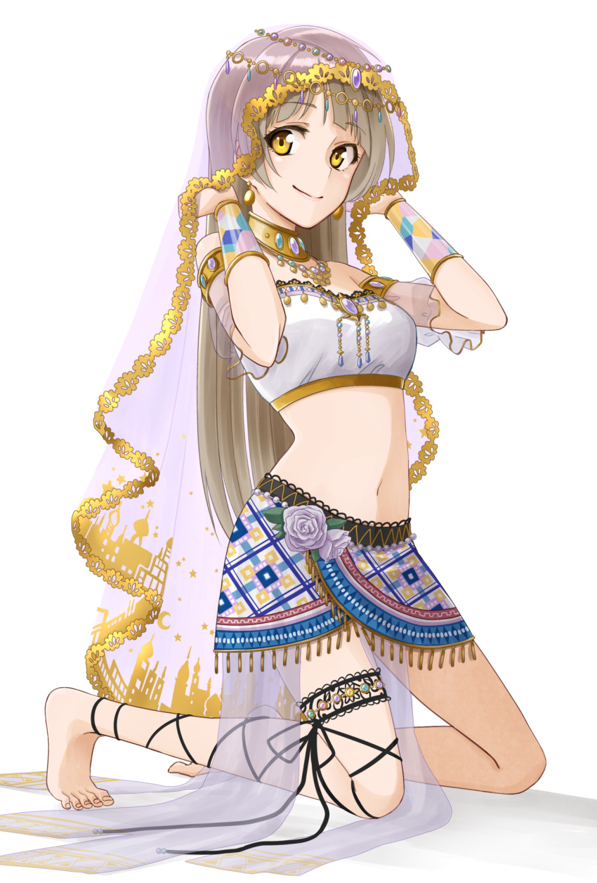 1girl arabian_clothes armlet bandeau bare_shoulders barefoot bracelet brown_hair choker cross-laced_legwear earrings highres jewelry kneeling long_hair looking_at_viewer lourie love_live!_school_idol_festival love_live!_school_idol_project midriff minami_kotori navel necklace see-through smile solo thighlet veil yellow_eyes
