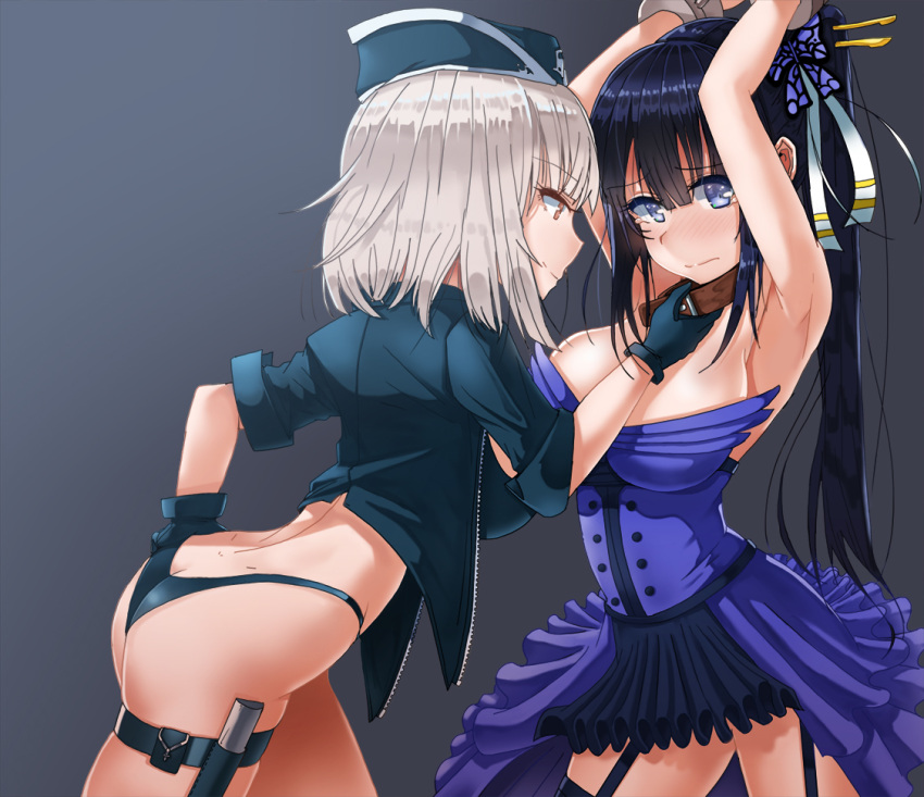 2girls arms_up ass assertive black_gloves black_hair blue_dress blue_eyes blush breasts chin_grab dress dungeon_and_fighter embarrassed femdom from_behind garter_straps gloves hand_on_hip highleg highleg_panties jacket large_breasts lhu_(barappra1) light_smile long_hair looking_at_another looking_to_the_side multiple_girls open_clothes open_jacket panties ponytail profile short_hair silver_hair thigh-highs thighs underwear