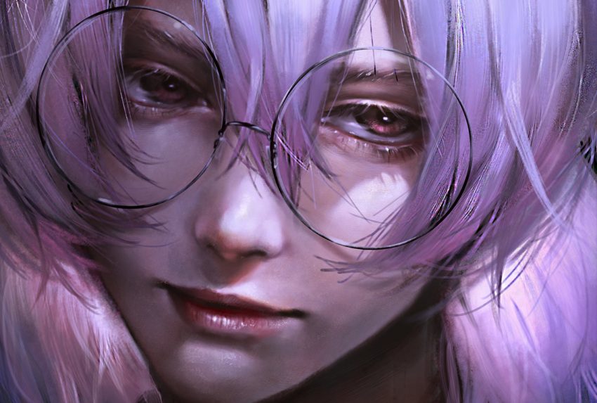 1girl androgynous bedman closed_mouth face glasses guilty_gear guilty_gear_xrd hair_between_eyes highres light_smile lips long_hair looking_at_viewer mouth nose pink_eyes pink_hair realistic rimless_glasses round_glasses solo upper_body yonekura_naoyasu