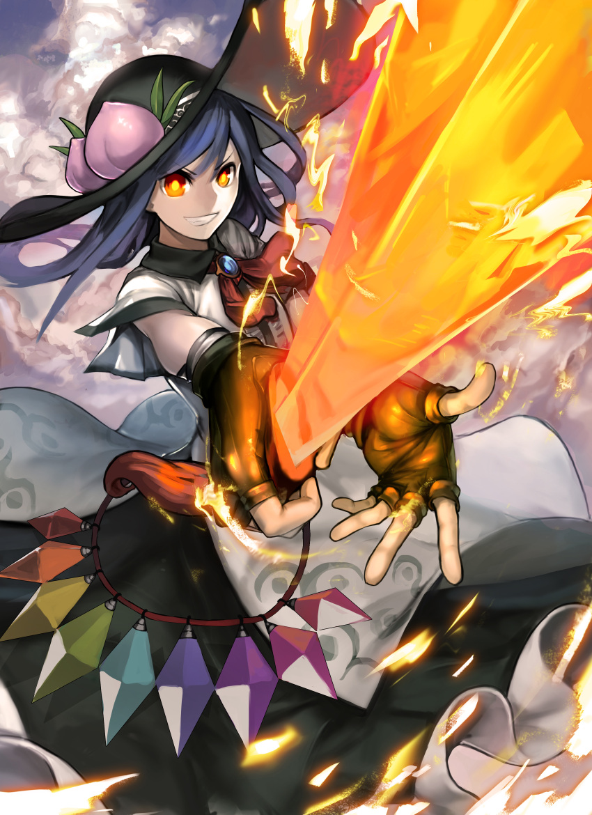 &gt;:d 1girl :d absurdres black_hat black_skirt blue_hair brooch clouds dress_shirt fingerless_gloves fire flaming_sword food frilled_skirt frills fruit gloves glowing glowing_eyes goblina hat highres hinanawi_tenshi jewelry leather leather_gloves long_hair long_skirt looking_at_viewer open_mouth peach perspective rainbow_order red_eyes shirt short_sleeves skirt smile smirk solo sword sword_of_hisou tassel touhou weapon white_blouse wing_collar