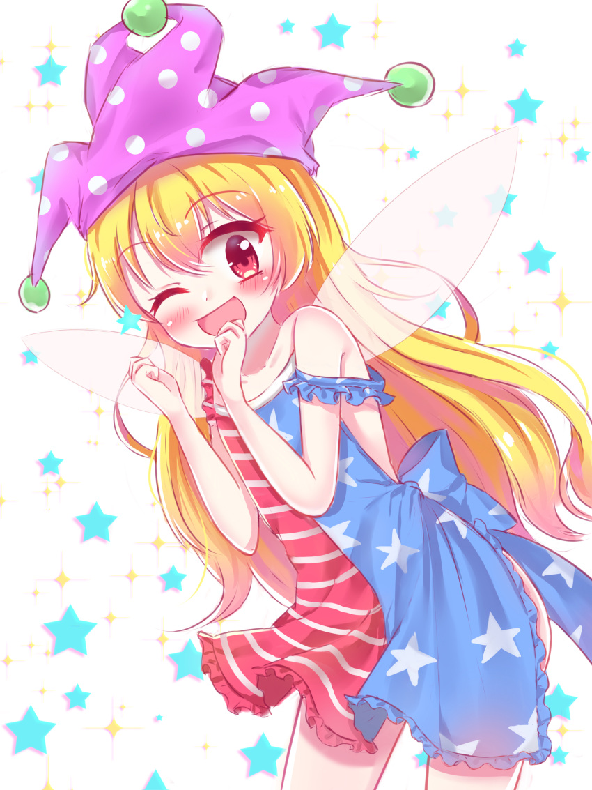 1girl absurdres adapted_costume apron bangs blonde_hair blush clownpiece fairy_wings hanen_(borry) hat highres jester_cap leaning_forward long_hair looking_at_viewer naked_apron one_eye_closed polka_dot red_eyes smile solo star striped touhou wings