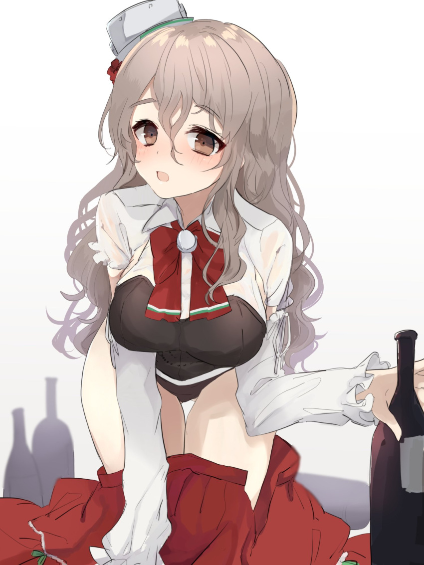1girl all_fours ascot bottle breasts brown_eyes furumachi_kyuu grey_hair highres kantai_collection large_breasts long_hair panties pola_(kantai_collection) skirt skirt_removed solo underwear wavy_hair