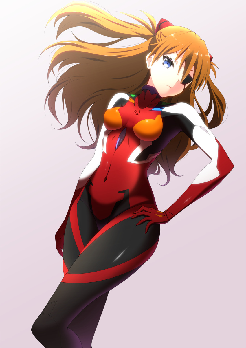 &gt;:( 1girl bangs blue_eyes bodysuit breasts closed_mouth covered_navel dutch_angle evangelion:_3.0_you_can_(not)_redo eyepatch floating_hair from_side frown gloves grey_background hair_between_eyes hand_on_hip headgear highres hips impossible_bodysuit impossible_clothes long_hair looking_at_viewer neon_genesis_evangelion number ookami_maito orange_hair pilot_suit plugsuit rebuild_of_evangelion serious shikinami_asuka_langley simple_background skin_tight small_breasts solo souryuu_asuka_langley standing turtleneck two_side_up